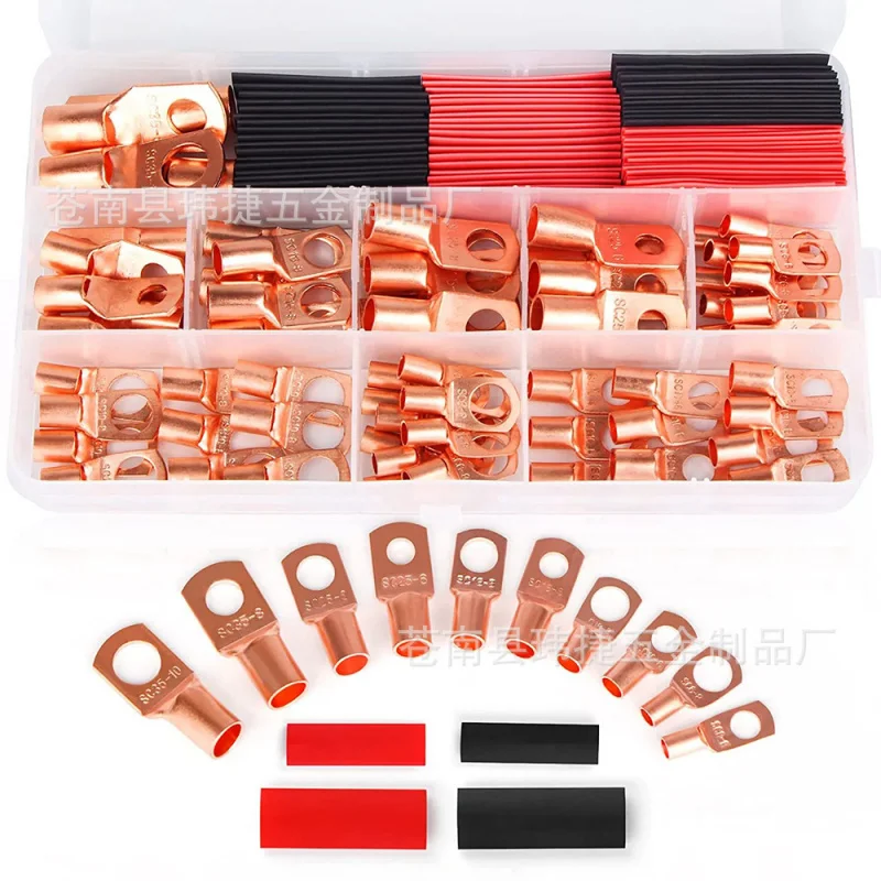 

130pcs Boxed SC Copper Eyelet Terminals Cold Press Copper Wire Lugs SC6-SC35 Copper Noses with Heat Shrink Tube Set
