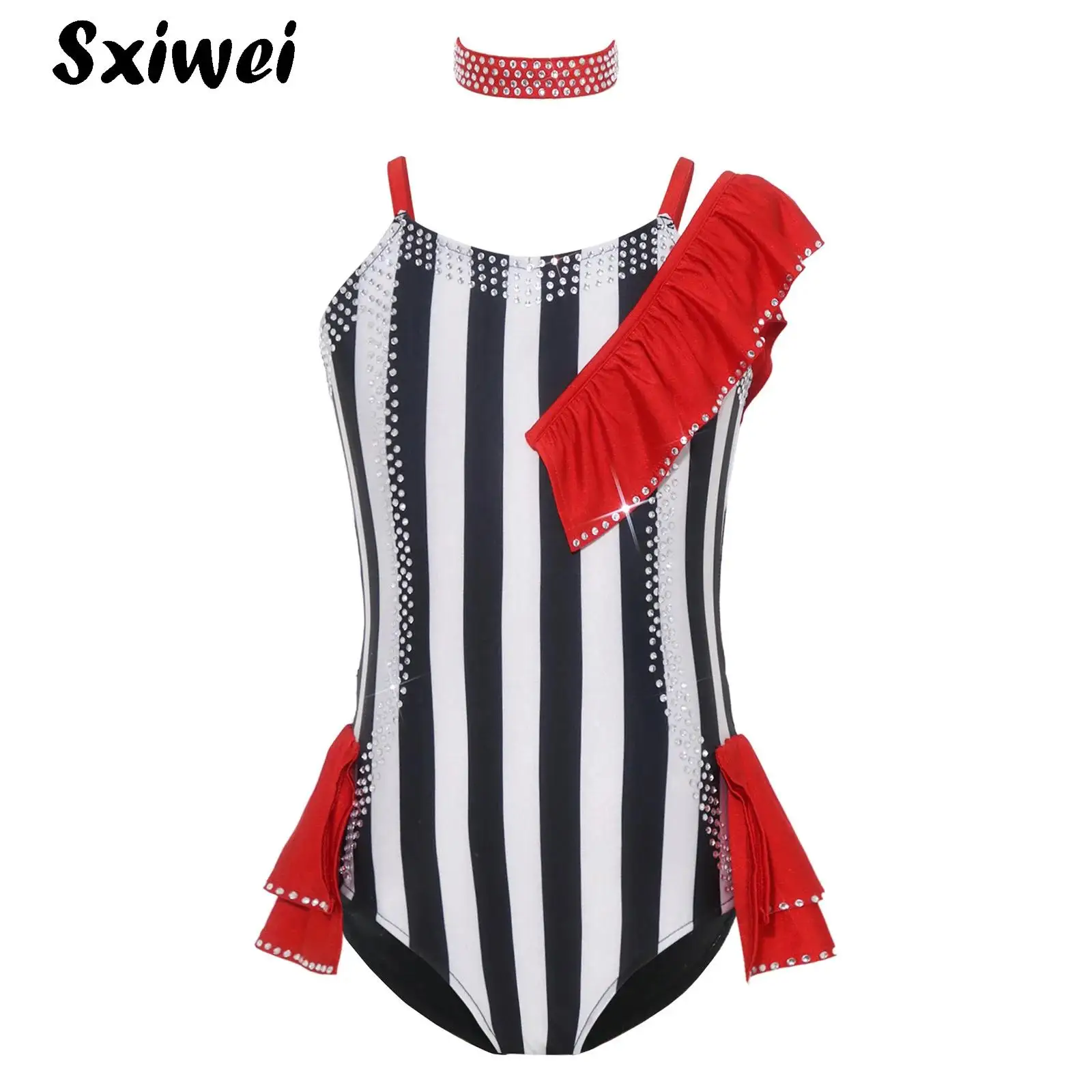 Girls Rhinestones Striped Ringmaster Jumpsuit Children Halloween Circus Performance Costumes Gym Ballet Dance Leotard And Choker