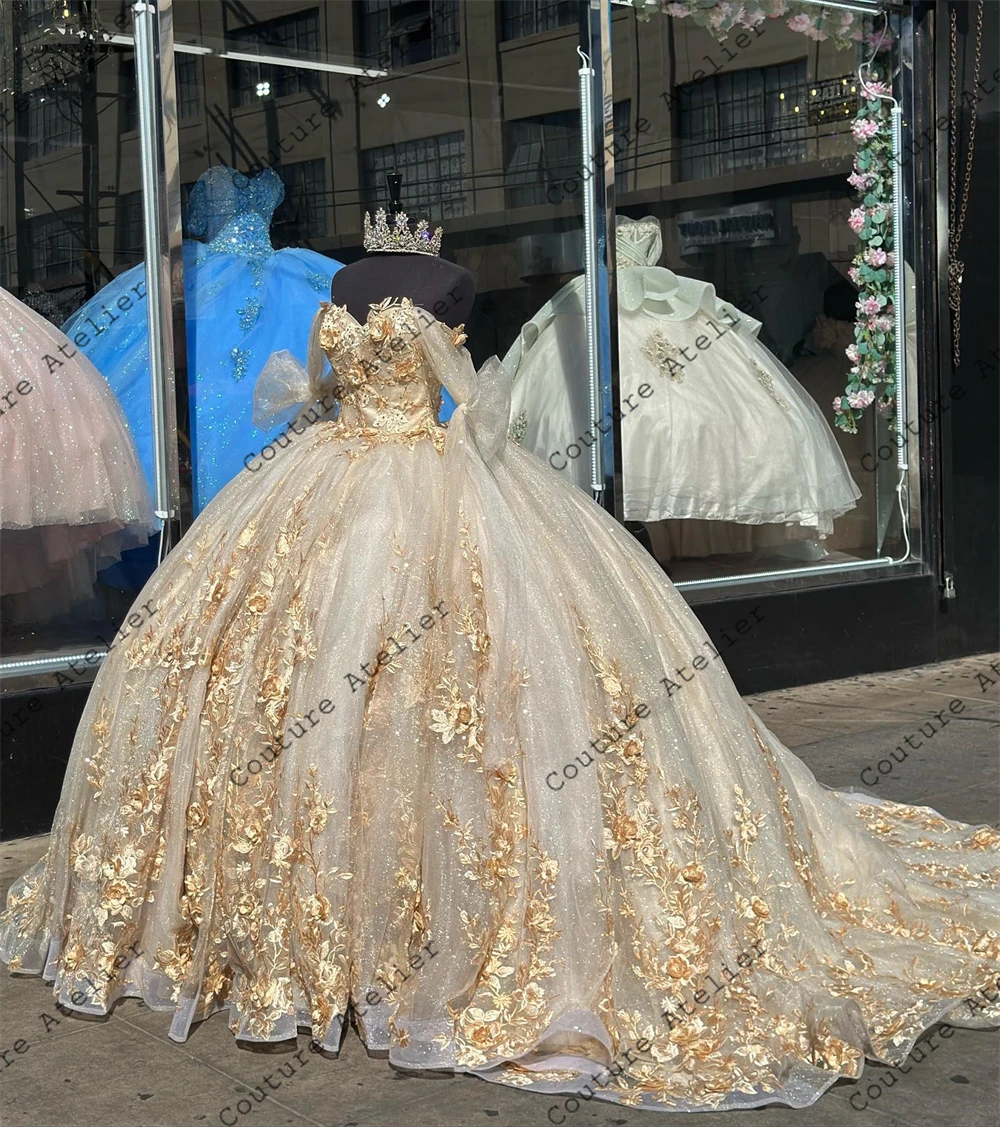 Vestido de fiesta con capa de tul y hombros descubiertos, vestido para quinceañeras, champán, tren largo, corsé, vestidos de novia, dulce 16, personalizado, 2025