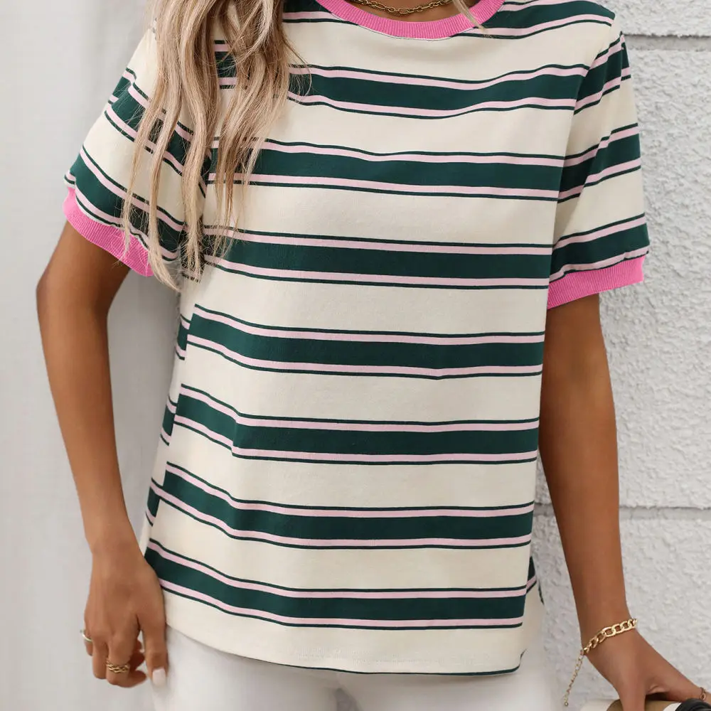 Fashion Womens Summer T Shirt Loose Fit Striped Color Block Crew Neck Short Sleeve Casual Pullover Streetwear Basic Tops