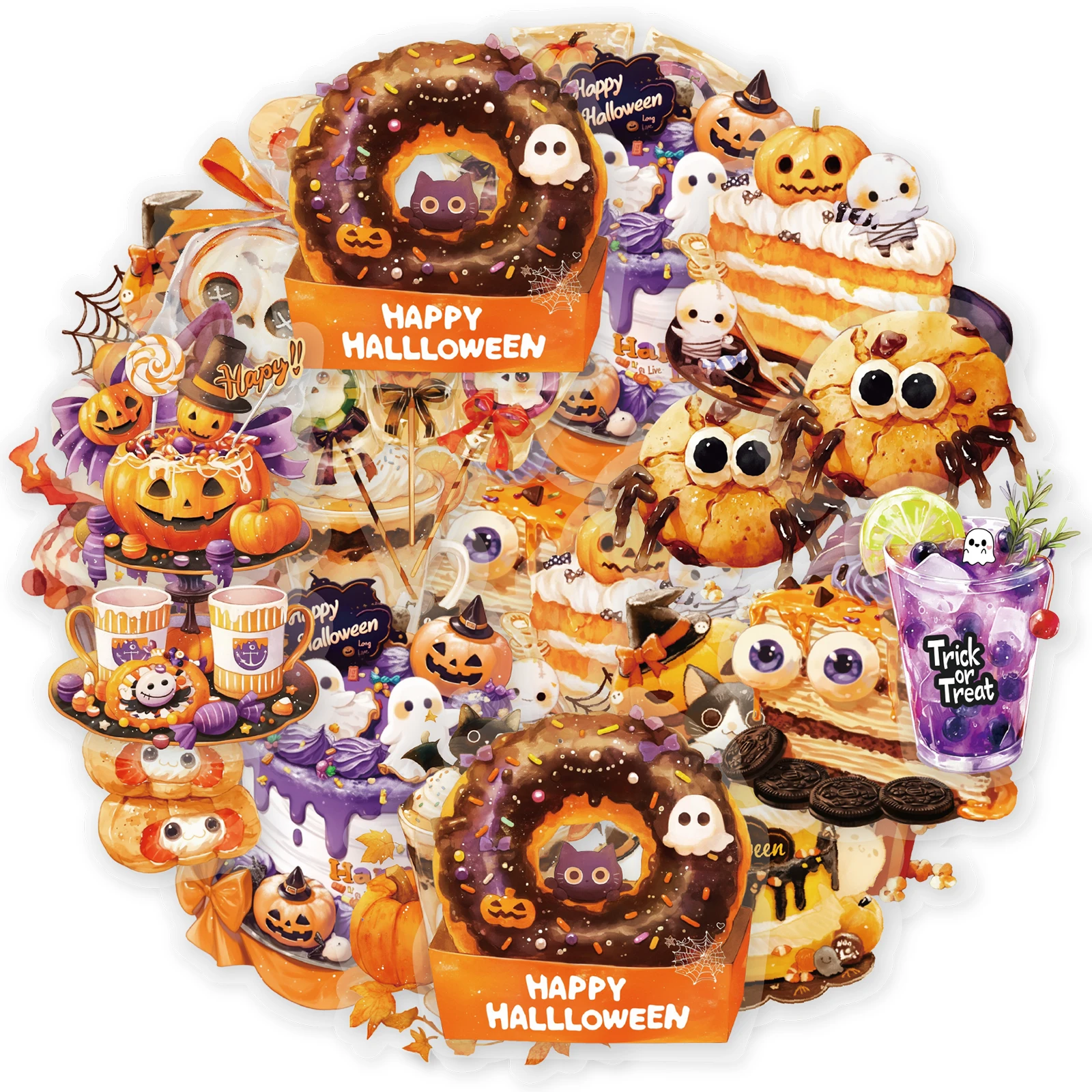 15 Stück Halloween Essen Cartoon süßes Muster Aufkleber Pack DIY Dekoration für Laptops, Handyhüllen, Gepäck, Fotoalben, Geburtstagsgeschenke, Spielzeugaufkleber, Partydekorationen