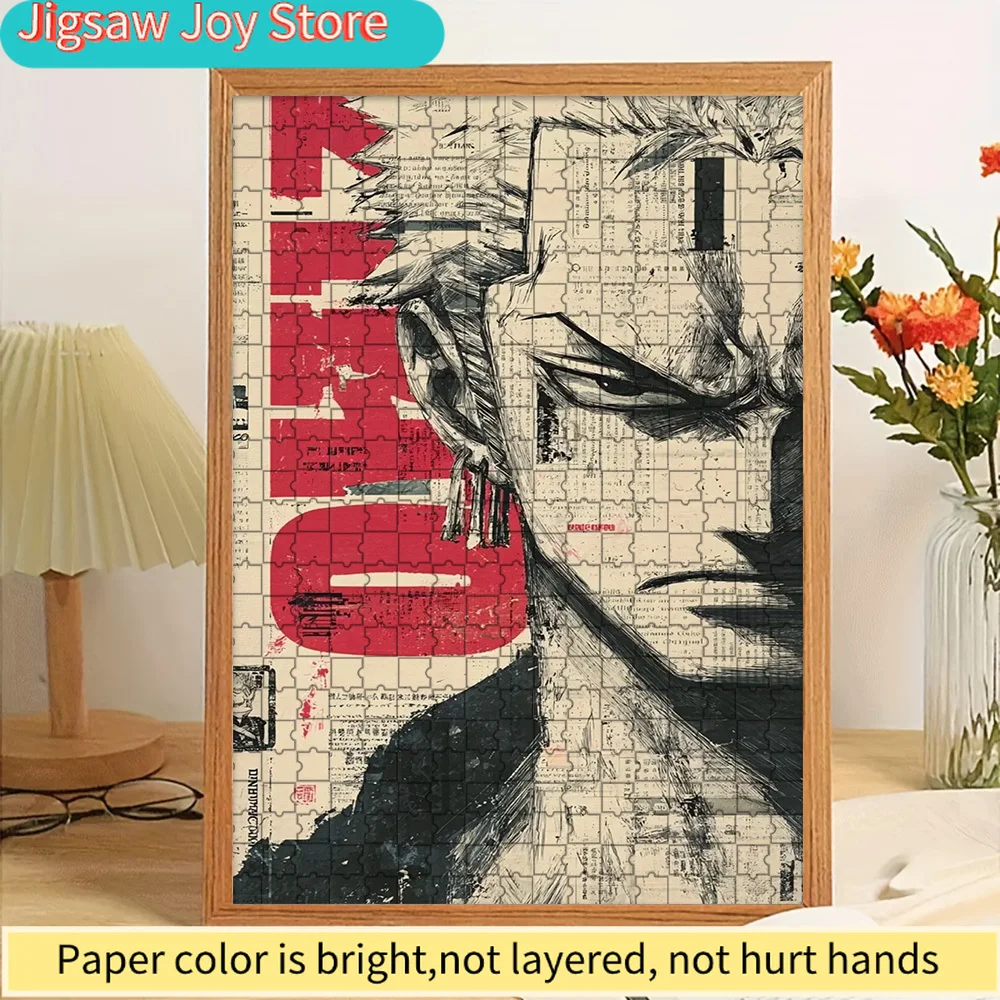 

One Piece Roronoa Zoro Manga Style Intense Gaze Vintage Newspaper Collage Red Accent Background Art Paper Jigsaw Puzzle, Anime P