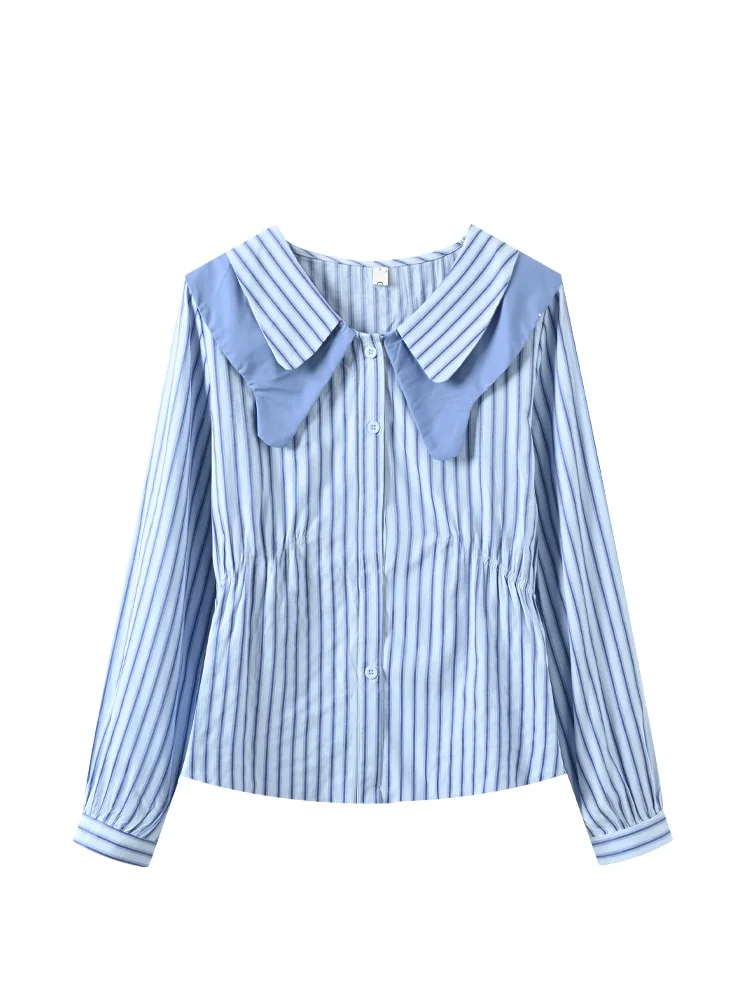 

Cara CLUB plus Size Doll Collar Long Sleeve Shirt Women Early Spring New Style Plump Sister College Style Striped Top Trendy