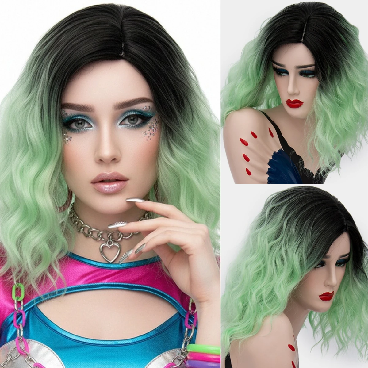 

Synthetic Short Black Gradient Green Curly Wig with Side Bangs for Women Daily Cosplay Lolita Party Fake Hair Heat Resistant