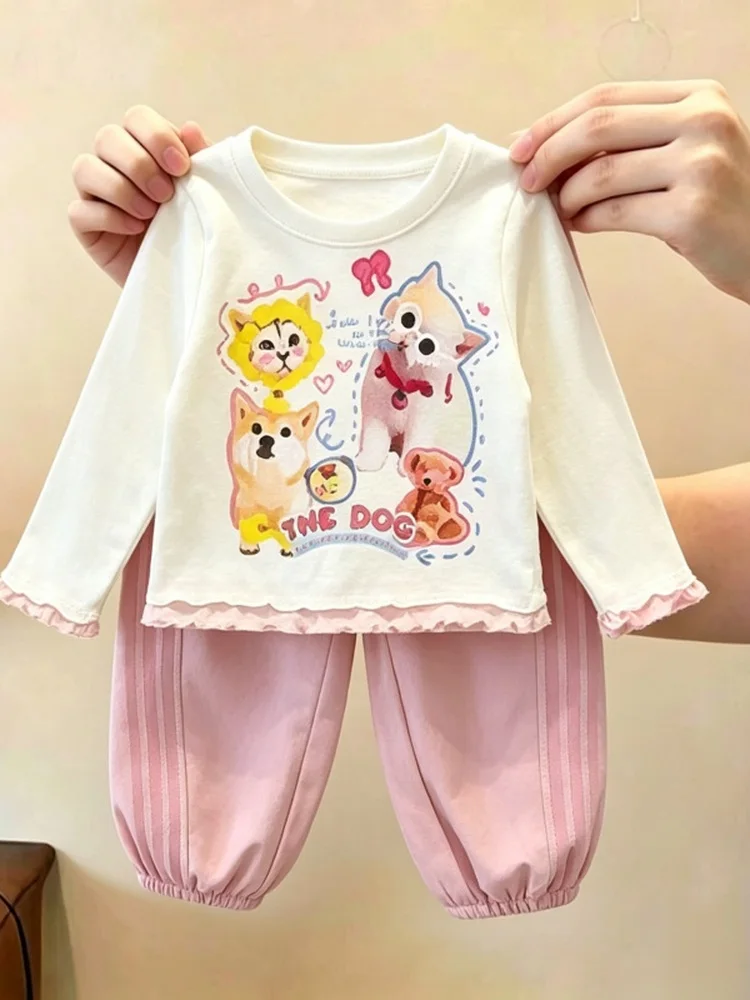 Fashionable  Ear Two-Piece Set for Girls Autumn Casual Long Sleeve Korean Style Children's Clothing Cute Wooden  Design