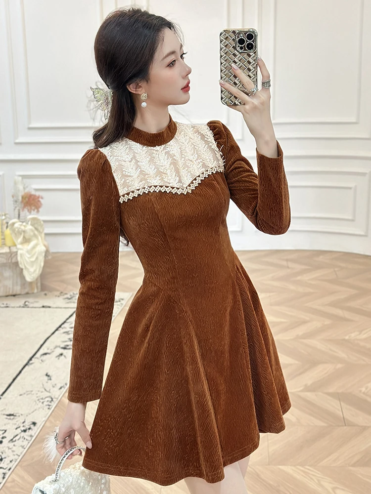 French Elegant Caramel Lace Paneled Prom Dress Women's Cute Sequin Diamond Swing Ball Gown Femme Party Mini Vestidos Dating Lady