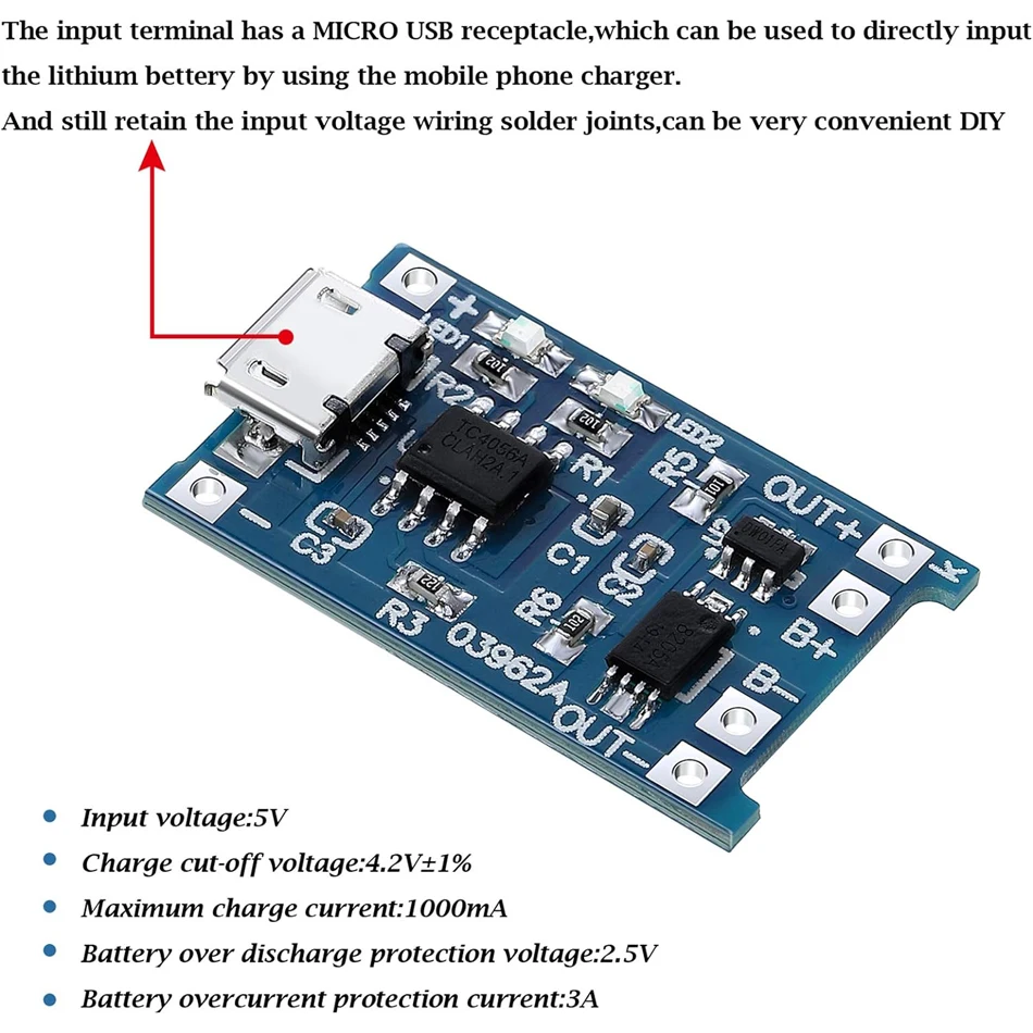 5PCS Type-c/Micro USB 5V 1A 18650 TP4056 Lithium Battery Charger Module Charging Board With Protection Dual Functions 1A Li-ion