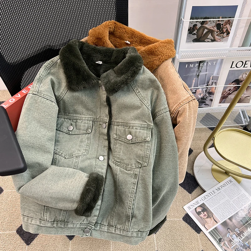

Women Fleece Thick Coat 2023 Winter Long Sleeve Polo Neck Loose Jacket with Pocket Denim Blue Warm Casual Outwear Tops