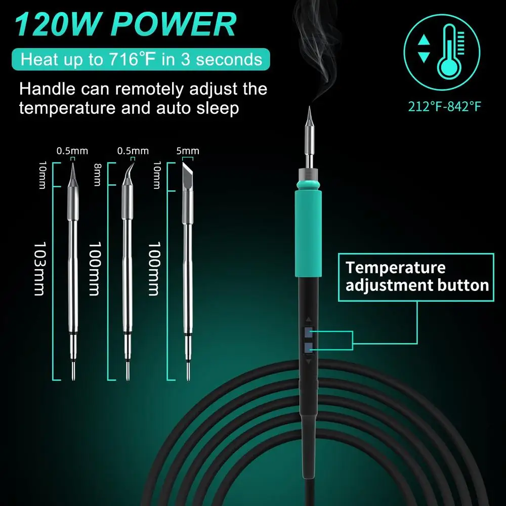 Stasiun solder Digital 120w, 3 detik cepat panas 716 ℉ penggunaan ujung 245 Kit penyimpanan memori tidur otomatis sikat tembaga