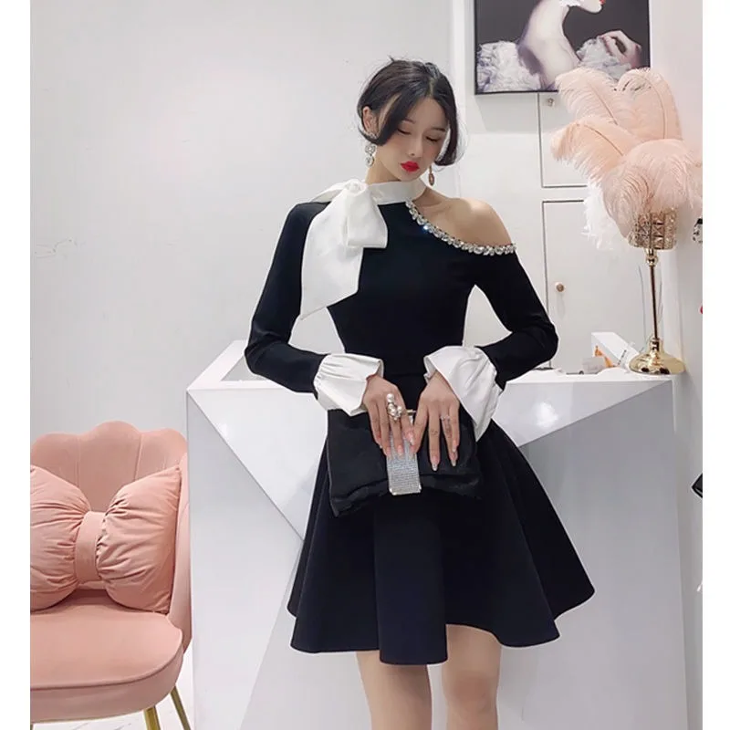 Hikigawa Autumn Elegant Lady Contrast Color Women Party Dress Sexy Off Shoulder Dresses Chic Fashion Slim Vestido De Mujer