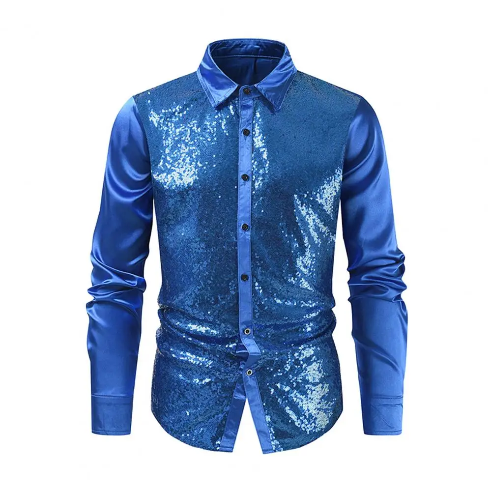 

Lapel Men Shirt Men Shirt Sequin Shiny Performance Shirt for Men Turn-down Collar Single-breasted Long Sleeves Satin Club Party
