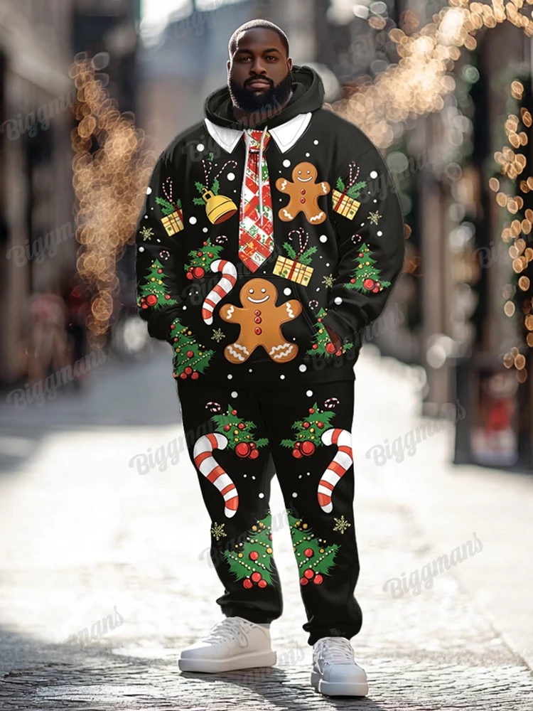 Biggmans Christmas Party Club Hoodies Outfits Santa Claus Print Mens Long Pants Two Piece Set Male Large Size Matching Suit New