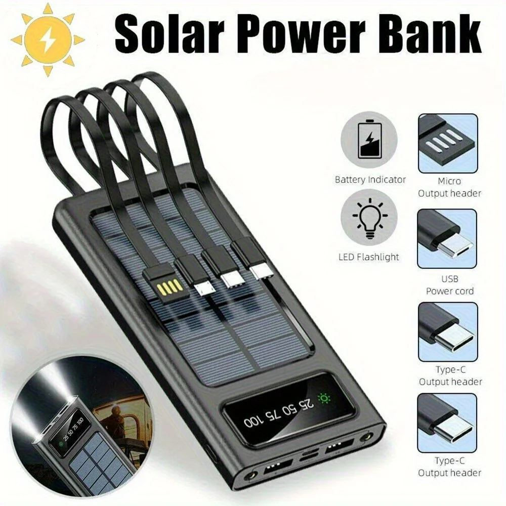 

200000mAh Solar PowerBank Built 4 Cables Portable Fast Charge Large Capacity Charger Powerbank For Iphone Samsung Huawei Xiaomi