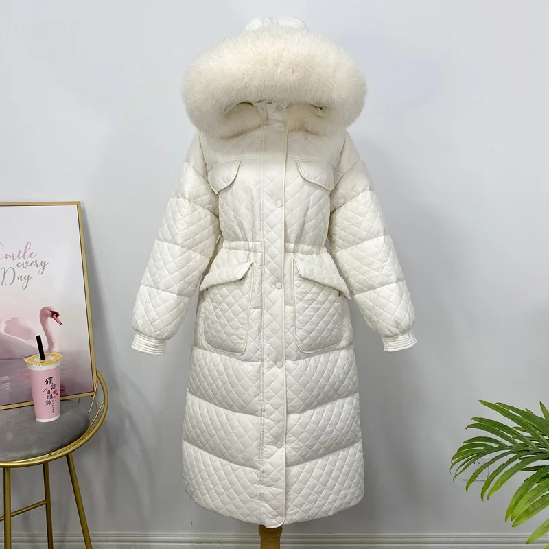 

Big New Winter Women Natural Fur Collar Parka Thick Warm 90% White Duck Down Coat Long Sleeve Snow Jacket