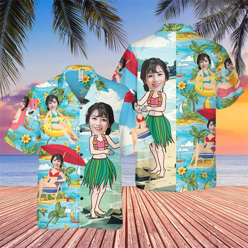 Custom Face Print Men Women Hawaiian Shirt Personalized Photo Beach Scene Turn Down Collar Short Sleeve Summer Vacation Party