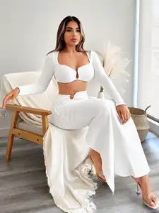 White Long Sleeve Crop Top & High Waist Wide Leg Pants Two Piece Set for Women