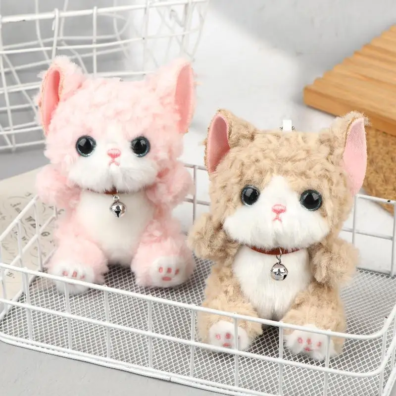 Cute Bell Cat Plush Keychain Kawaii Curly Hair Kitten Stuffed Doll Bag Hanging Pendant Realistic Cat Plush Toys Holiday Gifts