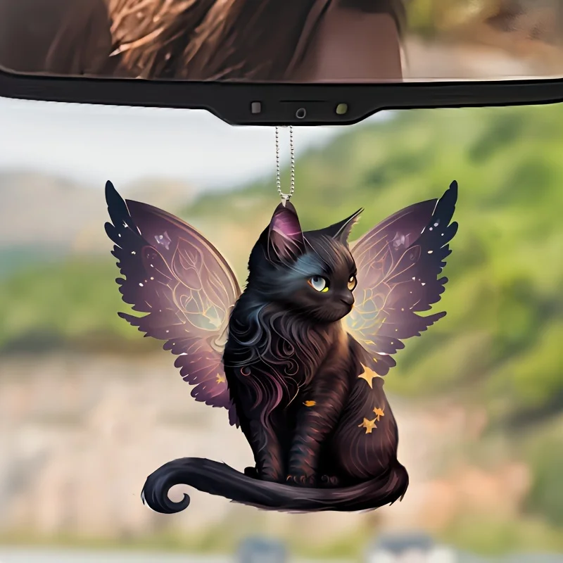

2D Flat Whimsical Black Cat Acrylic Pendant Decorative Accessory for Interior Rearview Mirror, Christmas Tree, and Key Chain