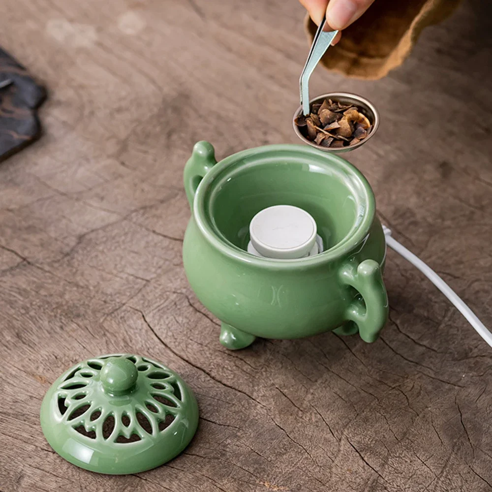 Plug‑in Celadon Electric Incense Burner, Ceramic High Temp Aroma Diffuser, Double Ear 3-Legs Censer, Home Altar Incense Decor