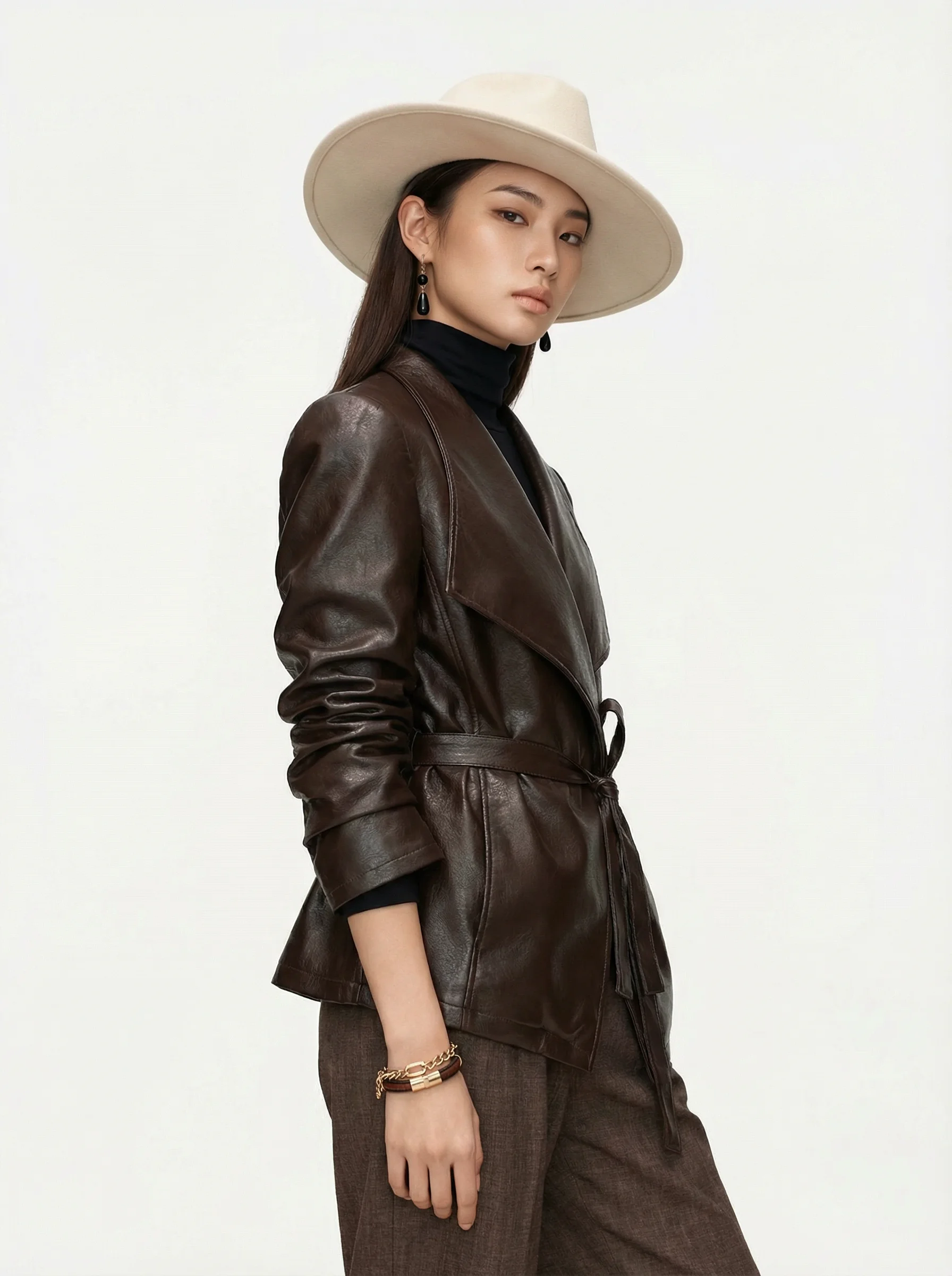 Cappotto da donna in pelle artificiale Jaet caffè marrone lectual Sle, vestibilità slim, ecologico, ultra morbido, legato in vita