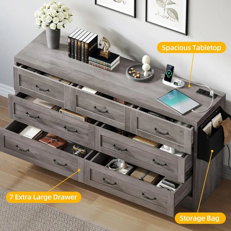 Farmhouse 7 Drawer Dresser for Bedroom, 31.5 Inch Tall Modern TV Stand with Large Drawers & Bar Handles, Storage Dressers