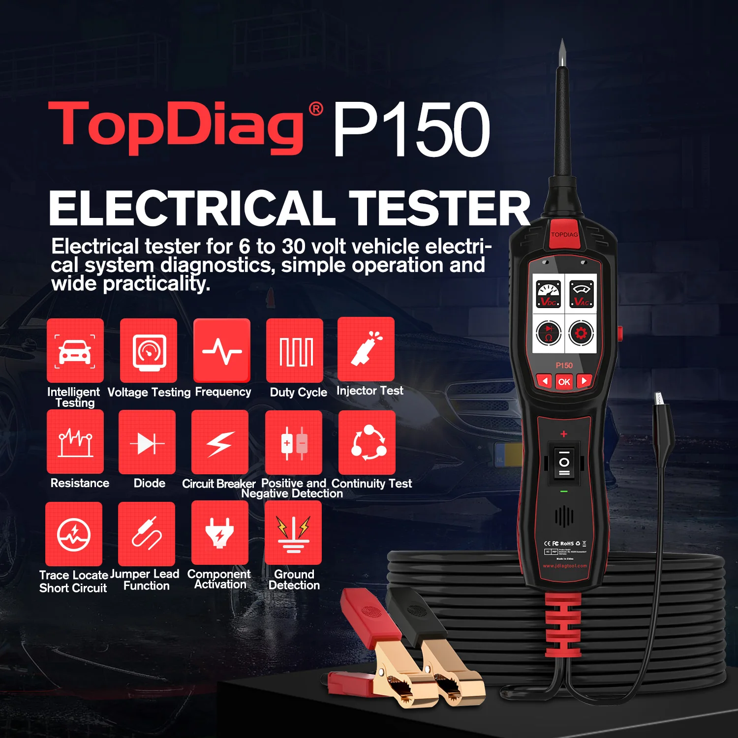 2024 Topdiag P150 Car Electrical Circuit Tester Automotive Power Probe Injector Test 12V 24V Battery Tester Auto Diagnostic Tool