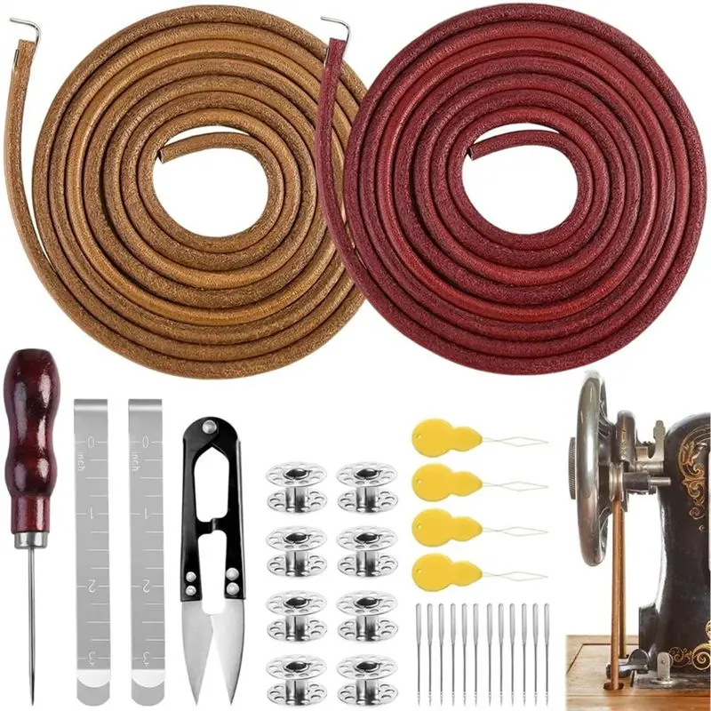 

【FAVORITE!】Replacement Leather Belt With Hook, 2 PCS Treadle For Sewing Machine Belt- 72 Inch 3/16" For Sewing Machines