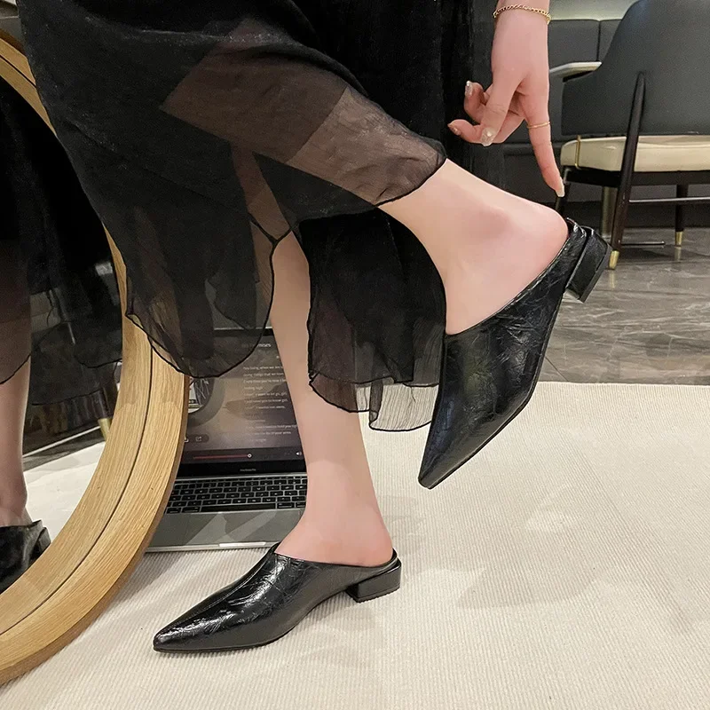 Hochhackige Einfache Damen-Baotou-Halbpantoffeln Spitze Sommer-Abendschuhe Einfarbige Hohe Absätze Schwarze Schuhe – Detail 9