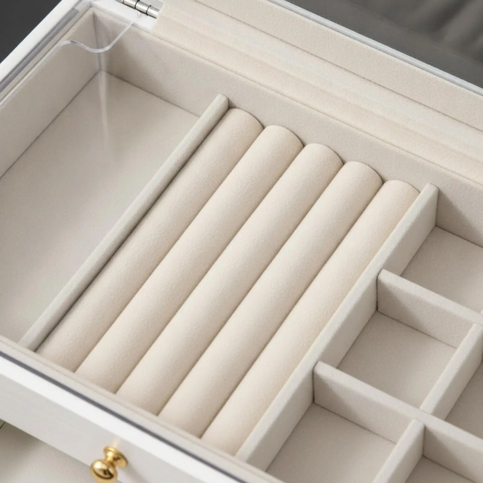 Compact Jewelry Box with Transparent Hinged Top and Gold Knobs for Daily Wear
