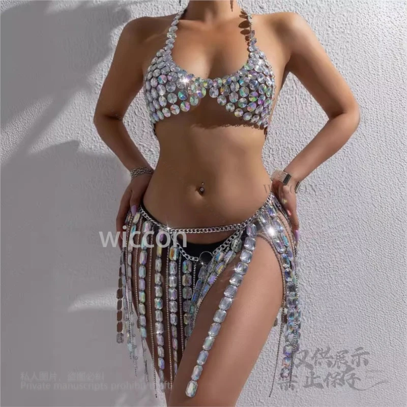 Женский сексуальный блестящий драгоценный камень, красочный кристалл, бюстгальтер без косточек, цепочка для бюстгальтера на груди, цепочка на талию, кисточка, вечеринка на Хэллоуин, ночной клуб, BodyJewel