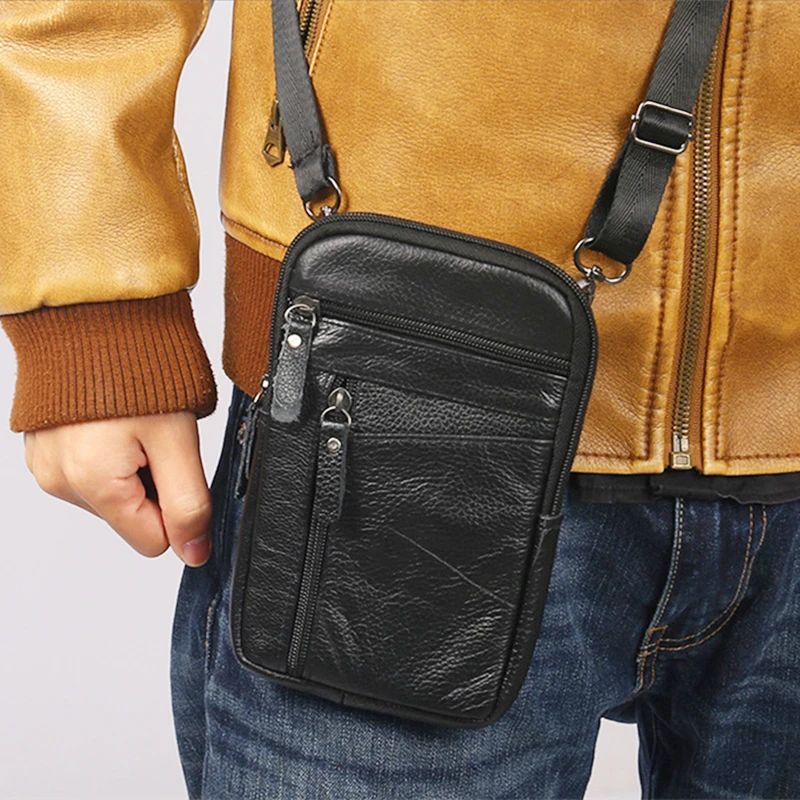 Riñoneras de cuero genuino para hombre, Bolso pequeño para el pecho y el hombro, bandolera para teléfono