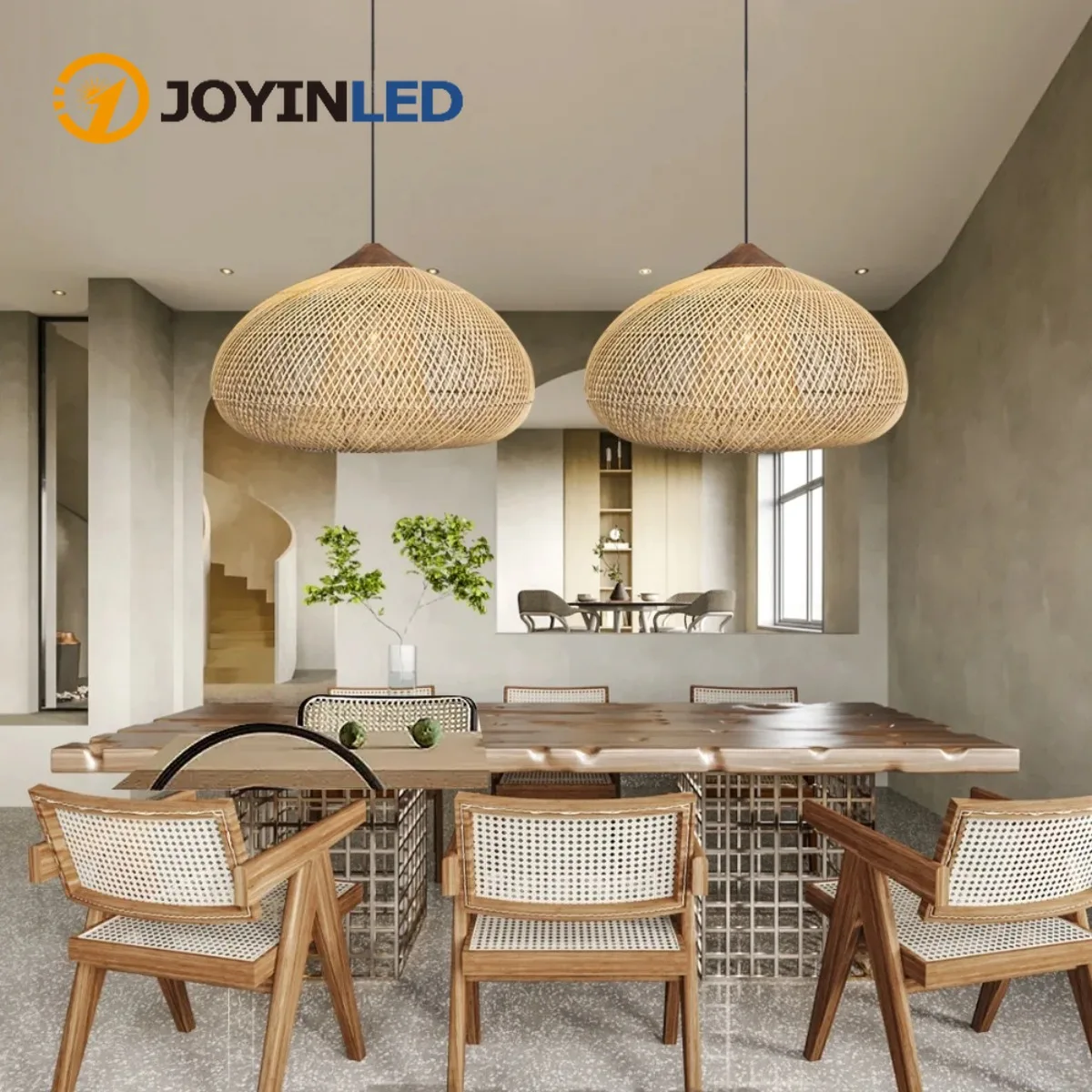 

JOYINLED Wabi-sabi Rattan Chandelier, Retro Solid Wood Pendant Light with Wooden E27 Lampshade for Living Room Restaurant Lamp