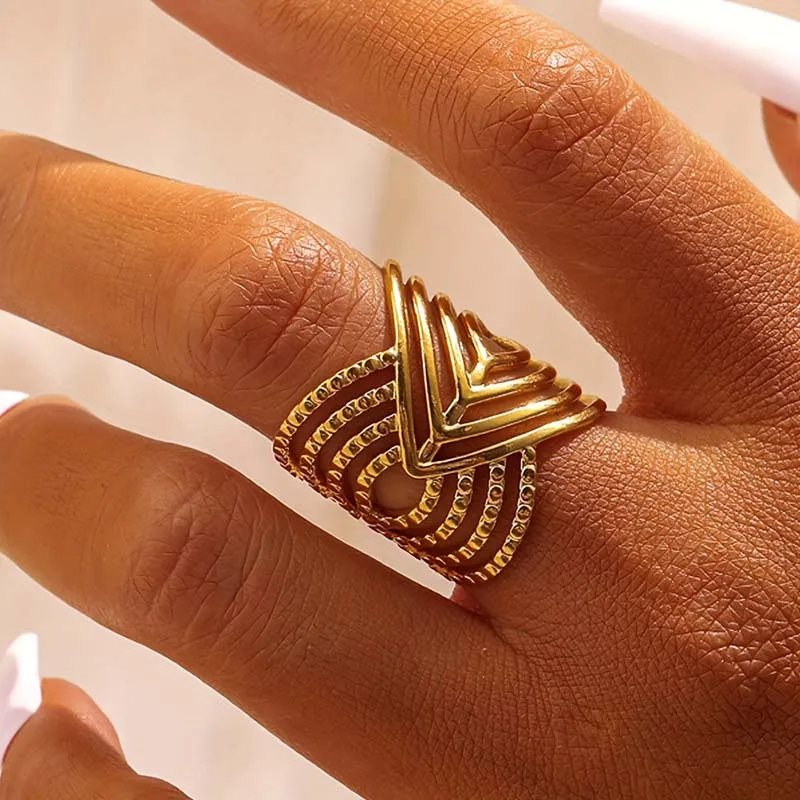 Edelstahlring mit Unregelmäßigem Design, Offener Ring, Ästhetischer Schmuck, Geometrischer Ausgehöhlter Damen-Modeschmuck