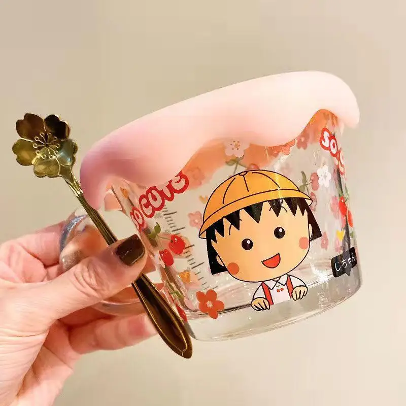 Kawaii Chibi Maruko-Chan Glass Cup with Handle Cartoon Transparent Water Cup Juice Tea Coffee Milk Cup Glass Mugs Drinkware Gift