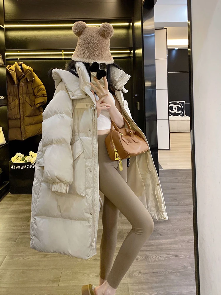 겨울 중간 길이 탈부착 후드 다운 재킷 여성 화이트 덕 다운 파카 다운 재킷 여성 큰 포켓 다용도 따뜻한 아우터