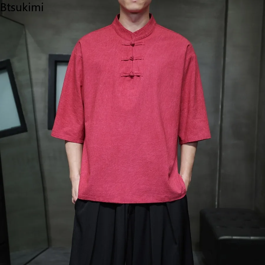 Chinese Style Shirts Men's Summer Solid Stand Collar Casual Short Sleeve T-shirts Vintage Cotton Linen Pullover Tops Male Hanfu