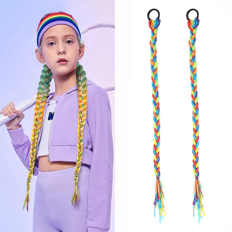 Braid Ponytail Extension Rainbow Color Synthetic braids Rope strands with Hair Tie Straight Sleek Wrap Around Hair Accessories