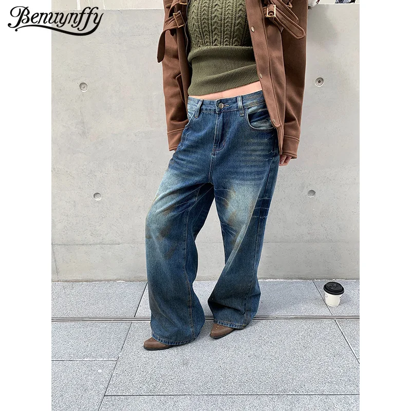 

Benuynffy Vintage Distressed Wide Leg Jeans for Women 2025 Autumn Winter New American Streetwear Low Waist Y2k Baggy Denim Pants