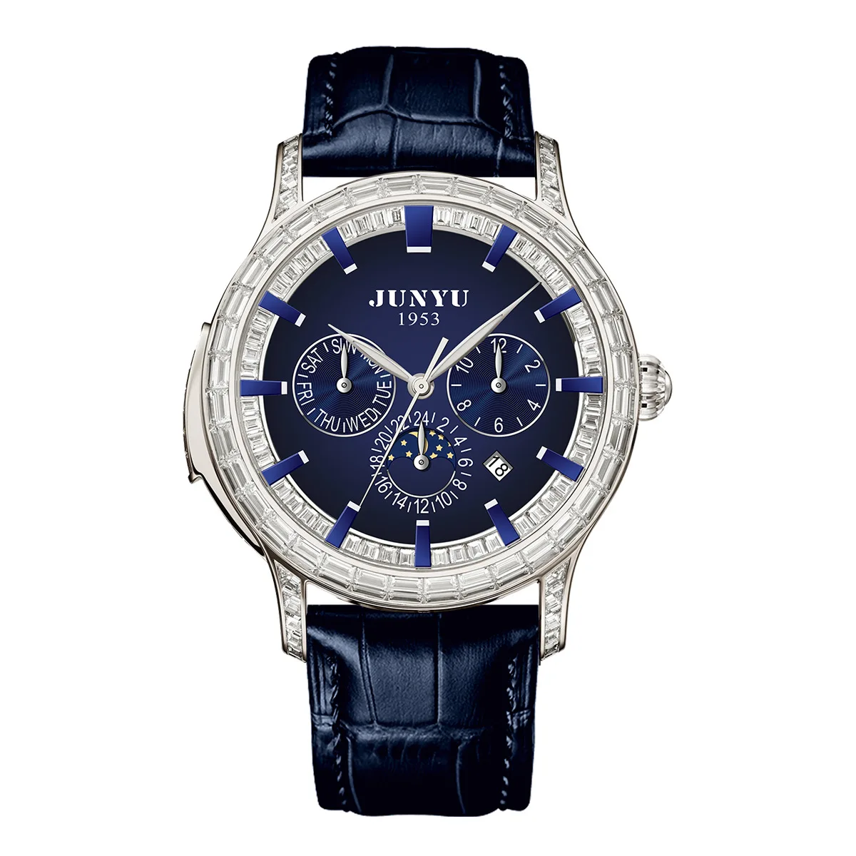 JUNYU Relógio masculino de luxo com diamante – Relógio de pulso masculino de negócios com pulseira de couro luminosa à prova d'água mecânico automático