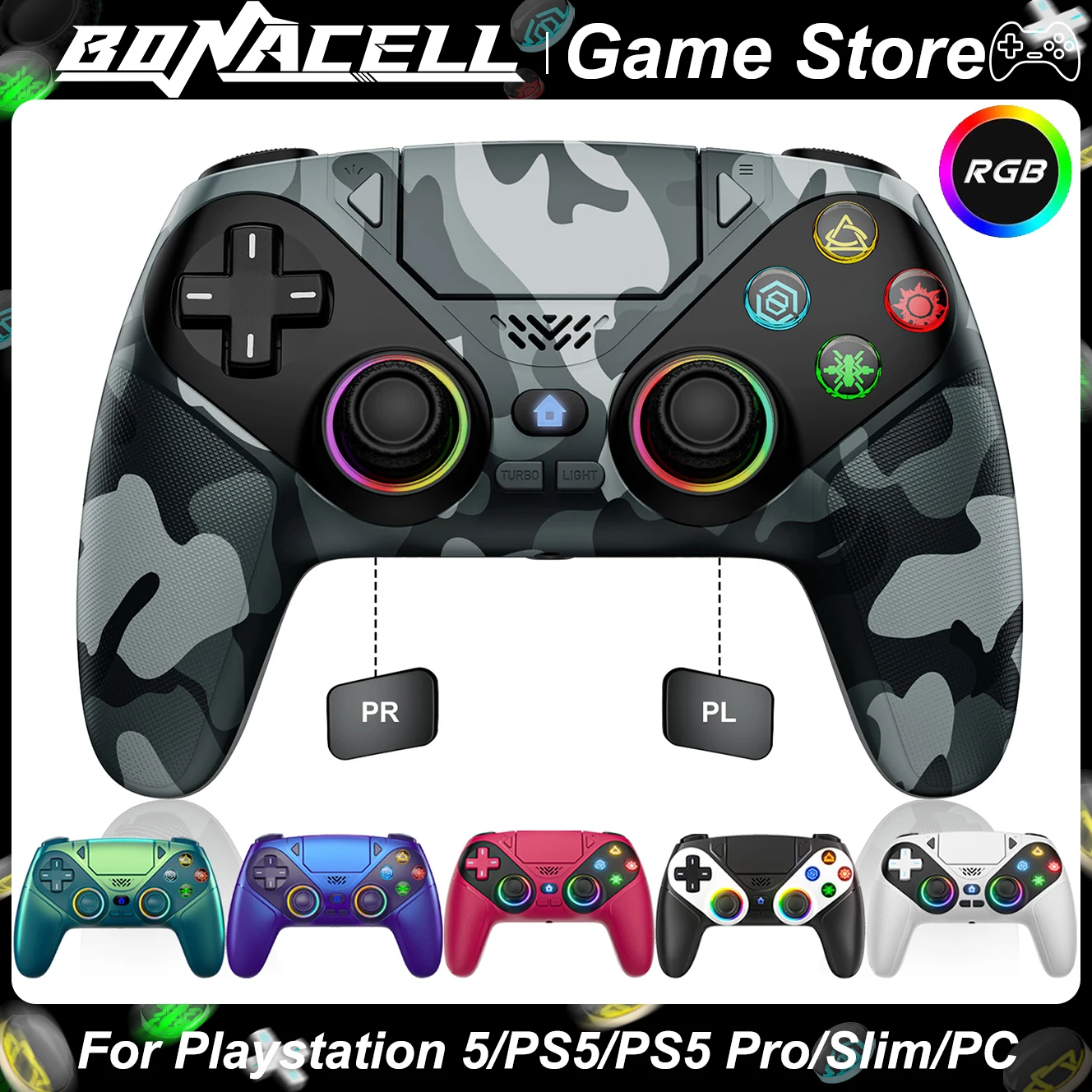 Bezprzewodowy kontroler RGB do Playstation5/PS5/PC, gamepady z funkcją Marco/Turbo, klawiszami programowalnymi PR/PL, podwójną wibracją, joystick do gier.
