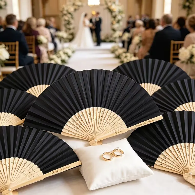 1Pc/6Pcs/9Pcs/18Pcs/25Pcs/35Pcs Custom Personalized Black Bamboo Folding Hand Fan, Customized Vintage Paper Fan, Suitable for Wedding Guest Souvenirs, Bridal Party Gifts, Elegant Summer Cooling Gifts, Suitable for Bridesmaids and Groomsmen, Perfect Wedding Party Favors, Bridal Shower Gifts, Summer Handheld Accessories for Event and Party Decorations