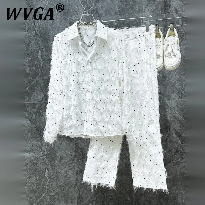 

WVGA Shirts Spring Autumn New Man Tassel Polka Dot Trendy Long Sleeve Tops Niche Chic Casual Straight Pants Two-Piece Set W11132