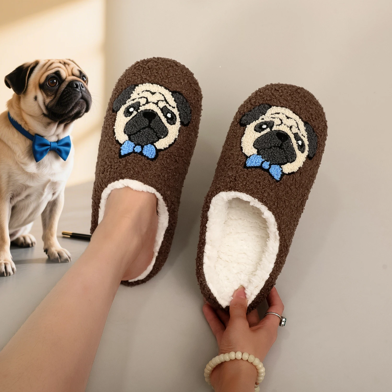 A Pair of Brown Pug Pet Embroider Pattern Plush Home Soft-Soled Comfortable Furry Slippers, Cute, Warm and Non-Slip Indoor Slippers for Men and Women, Lightweight Silent and Comfortable Shoes That Can Be Worn by Christmas, the First Choice for Dogs and Mothers, Pug Dogs Gifts