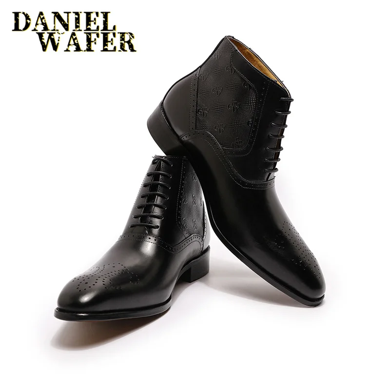 Fashion Brand Ankle Boots Luxury Men\'s Dress Boots Black Brown Handmade Lace Up Pointed Toe Genuine Leather Basic Formal Shoes