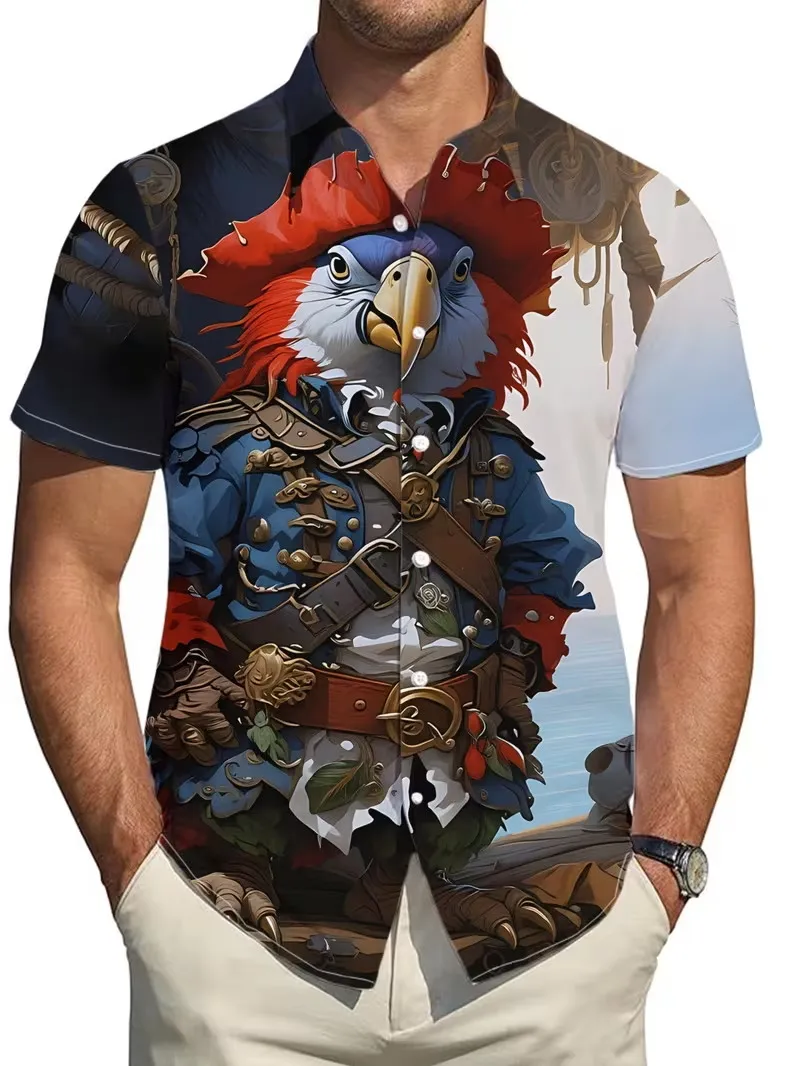 Men's Pirate Parrot Graphic Hawaiian Shirt Funny Cartoon Animal Print Short Sleeve Button Down Beach Party Shirts