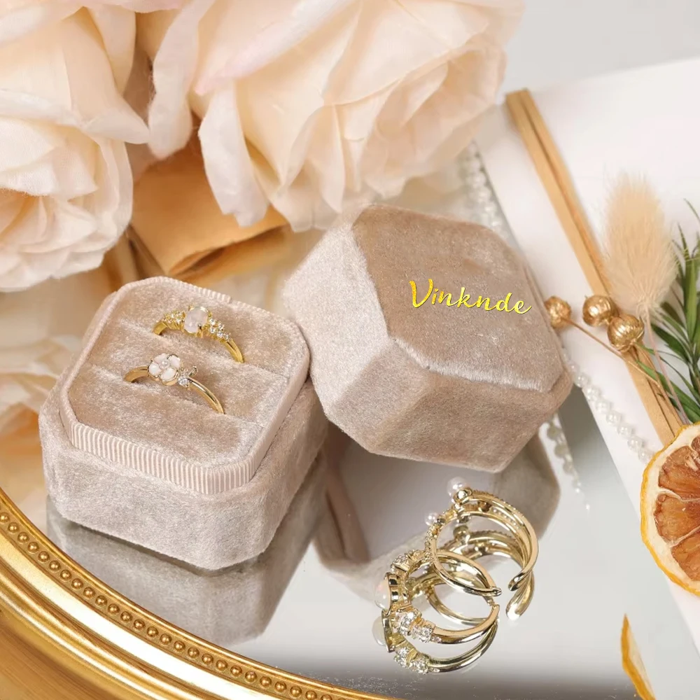 

20/50/100Pcs 5x5x4.5cm Custom Logo Octagonal Velvet Ring Box Double Slot Ring Bearer Box Wedding Party Rings Display Holder Case
