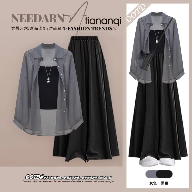 

Summer New Fashionable Simple Loose Short Sleeved Top Korean Slimming Casual Skirt Pants Three Piece Set