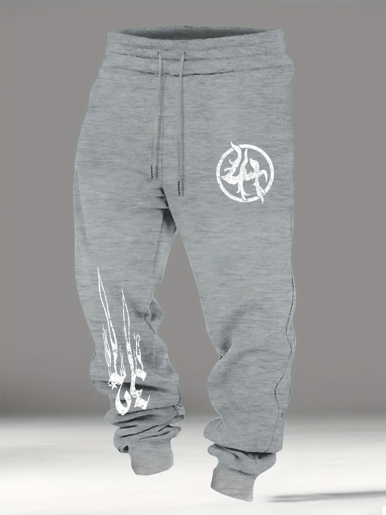 Distressed circular totem abstract‑flame symbol artwork stylish tapered fitted sweatpants men hip hop sports jogger trousers