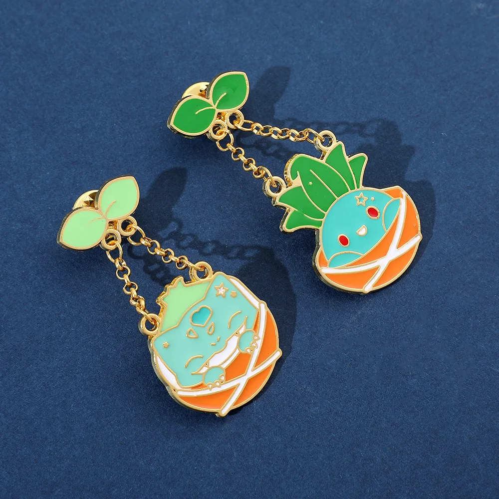 Cute Green Plant Creature Dangle Chain Pin Cartoon Hanging Metal Lapel Badge Backpack Jacket Hat Decoration Jewelry Gift