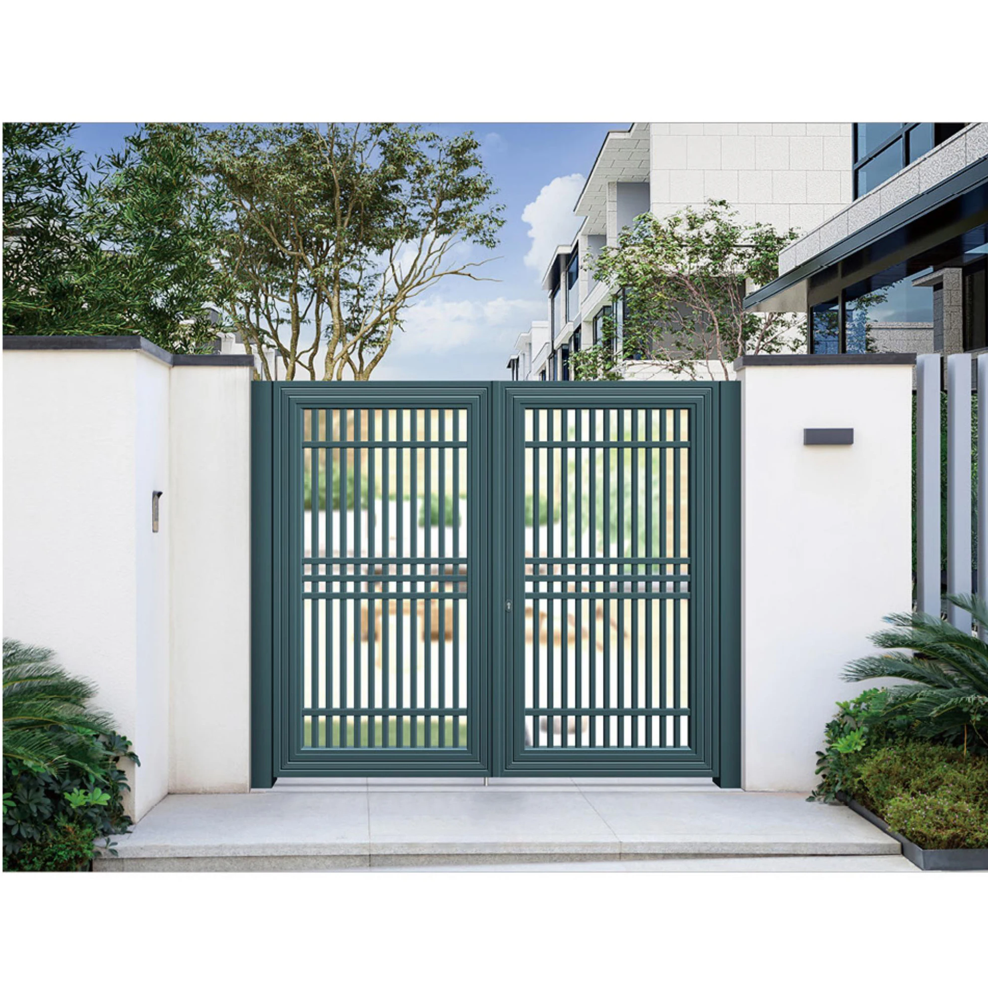 Metal Frame Automatic Swing Aluminum Gates Courtyard Villa Garden Entrance Security Fence Eco-Friendly Rodent Proof Gray